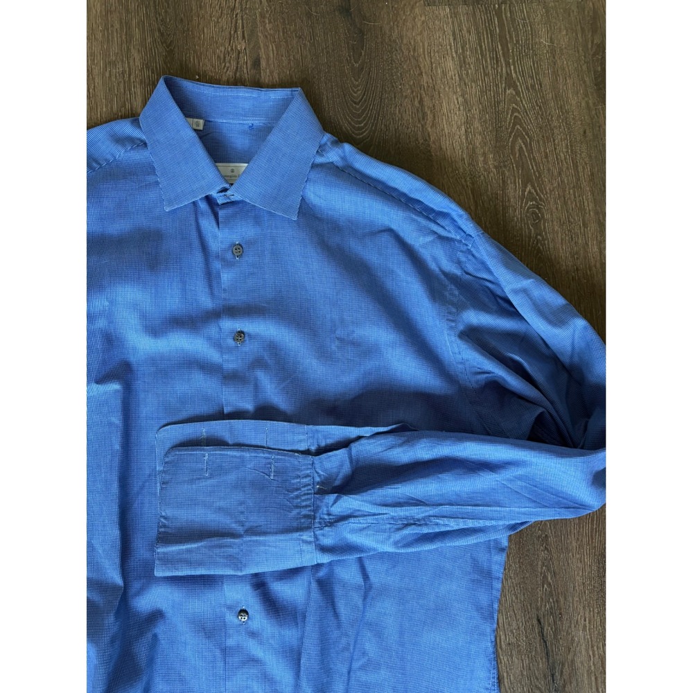 Ermenegildo Zegna Mens Blue Micro Check French Cuff Dress Shirt Size L 41 16